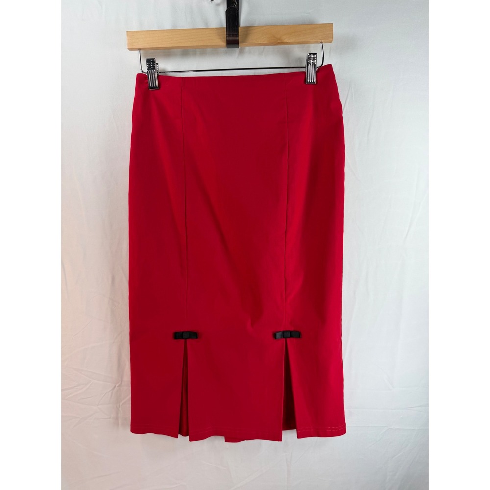 Red Bow Accent Pencil Midi Skirt Front Slit Pleated Stretch Rayon Blend sz M